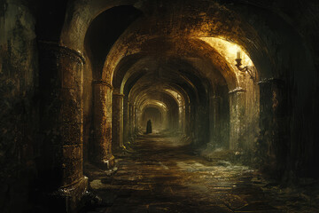Naklejka premium An eerie labyrinth with endless, shadowy corridors. A lone figure in a dark cloak stands motionless in the distance, adding to the foreboding atmosphere.