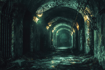Naklejka premium Explore the eerie, shadowy depths of a twisted labyrinth with endless corridors, evoking a sense of mystery and fear in every step you take.