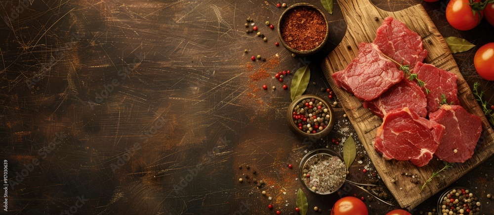 Aufkleber red veal meat slices displayed on a wooden board accompanied by various spices in a copy space image