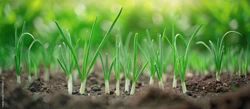 Aufkleber fresh green onions growing in neat rows in a rural vegetable garden setting showing plant care and h