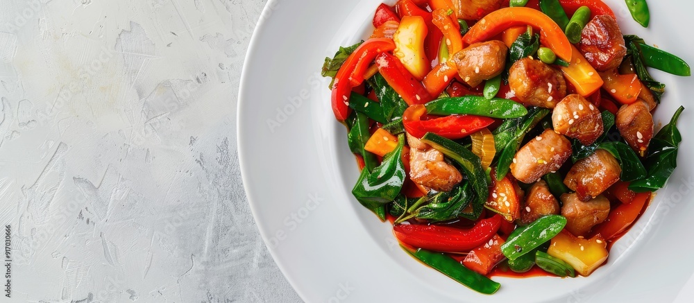 Poster stir fried mixed vegetables and pork in sweet and sour sauce served on a white plate with copy space