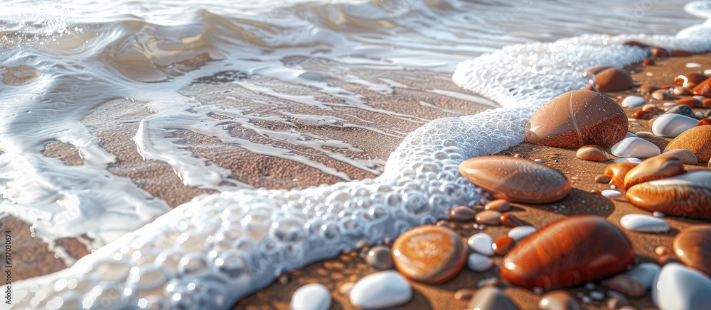 Aufkleber ocean waves crash against the shore leaving behind sea foam and reddish brown stones scattered along