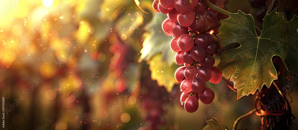 Poster ripe wine grapes in the vineyard with copy space image