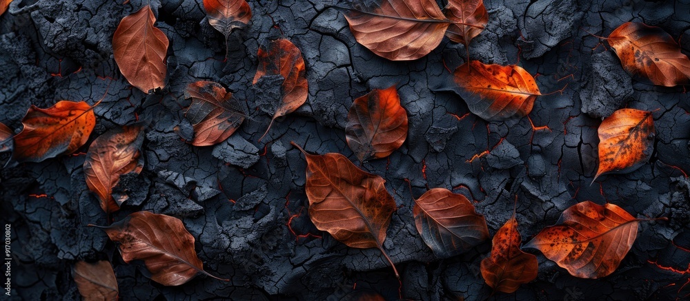Poster dry leaves scorched by flames make for a striking copy space image