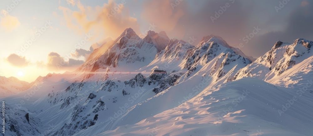 Aufkleber in a snowy mountain scene the sun s rays light up the snow covered peaks creating a picturesque view
