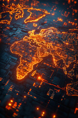 Fototapeta premium AI Global economic, Close-up view of a digital economic world map, featuring bright, hovering hologram annotations that highlight trade routes and economic hubs. The setting is a