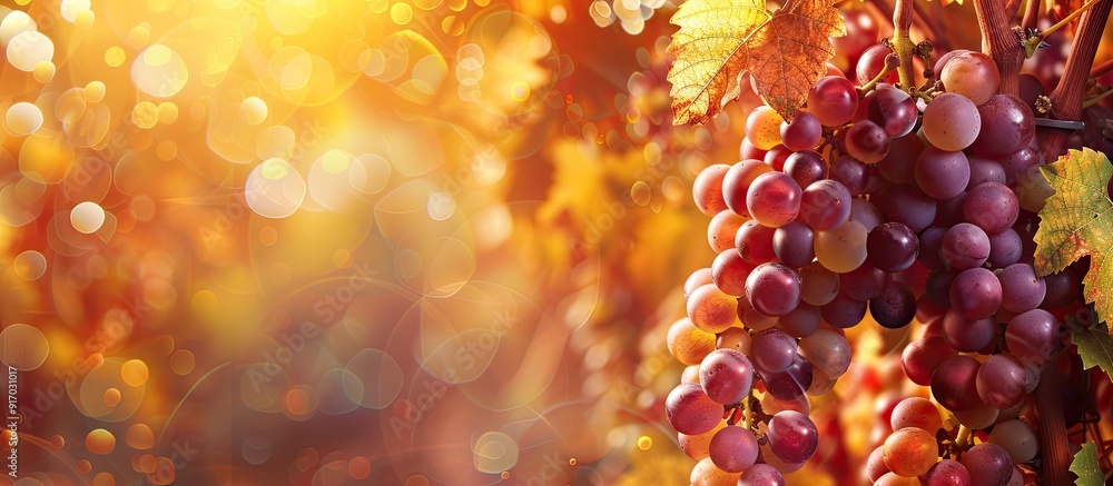 Poster autumn s harvest in a vineyard with a large bunch of ripe grapes on the vine creating a fruit concep