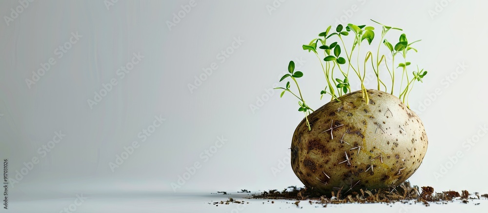 Poster rotten potato with sprouted plants isolated on a white background copy space image