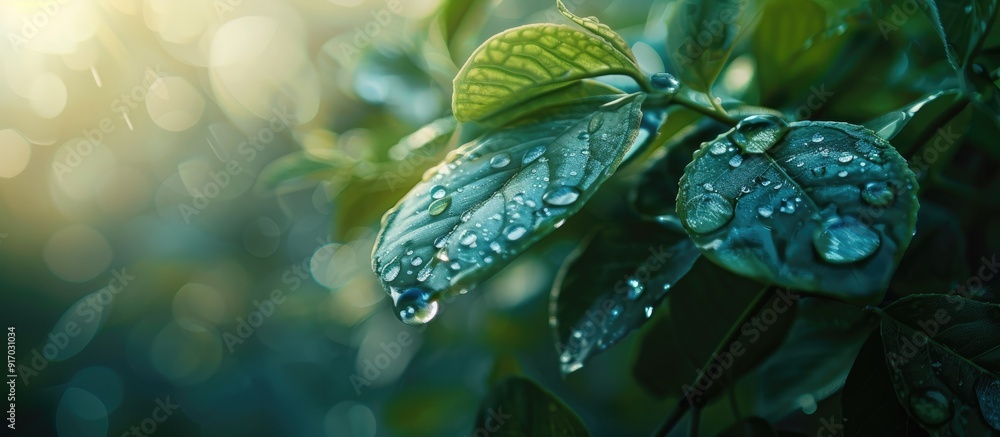 Aufkleber selective focus capture of a water drop on leaves with copy space image