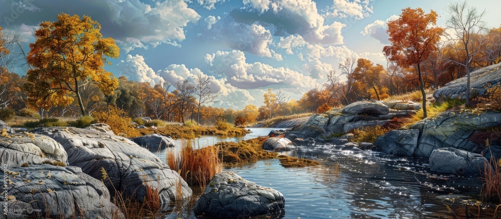Poster Scenic autumn view with a river cutting through rocks showcasing vibrant fall hues and leafless trees under a sky with fluffy clouds perfect for a copy space image