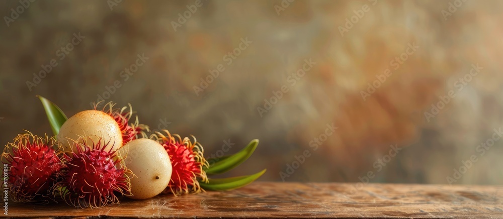 Poster Exotic rambutan fruit displayed on a wooden surface with a background ideal for adding additional content like a copy space image