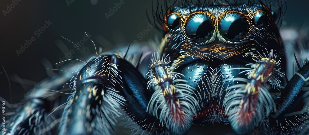 Poster detailed close up image showing a jumping spider known as hyllus diardi or phidippus regius with amp