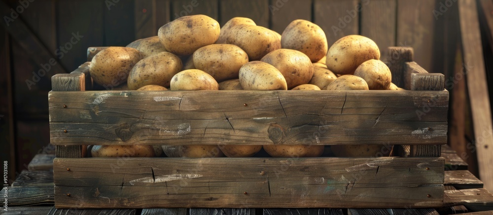 Poster Potatoes set in a rustic wooden crate with a background ideal for adding text or images a copy space image