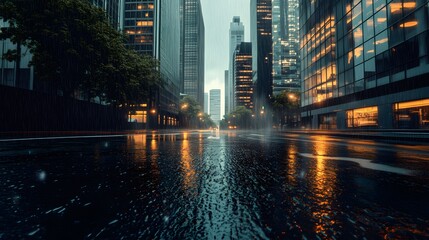 Fototapeta premium Rainy city street, modern skyscrapers, glass buildings, heavy downpour, water puddles, reflections, wet asphalt, tree-lined avenue, urban landscape, stormy weather.