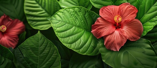 Detailed view of Hibiscus Abelmoschus manihot plant also known as sunset muskmallow with a wide leaf originating from North Sulawesi featuring copy space image