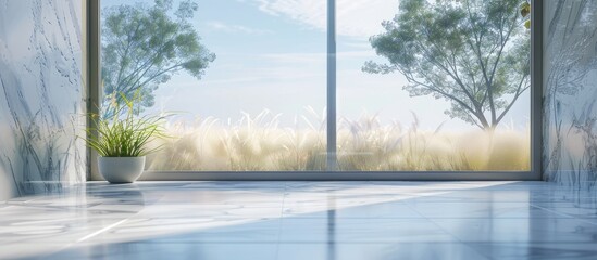 A clear glass window with a view outside offers a serene backdrop for the image with space for textual overlay. . image with copy space
