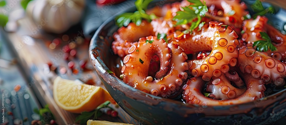 Poster squid tentacles marinated in a bowl with copy space image