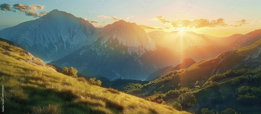Poster morning sunrise illuminating the mountains creating a captivating scene with copy space image
