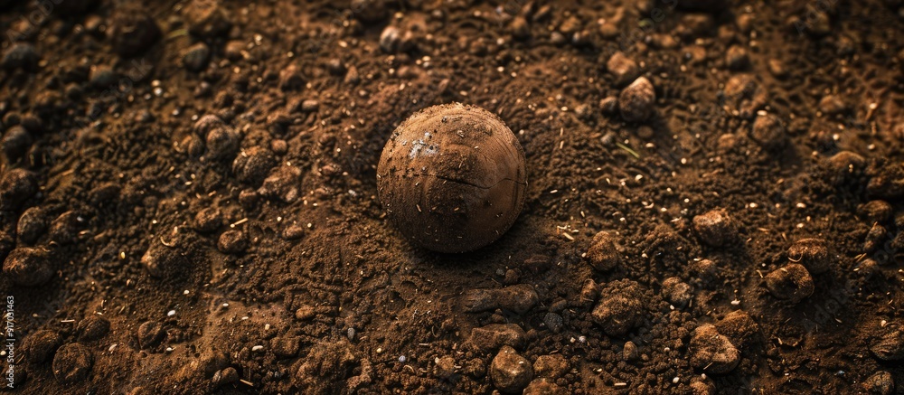 Poster a ball placed in the center surrounded by dirt in a copy space image