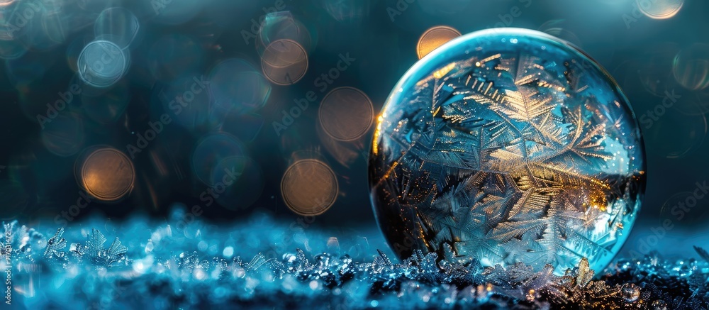 Poster Close up of a frozen soap bubble showcasing shiny ice patterns and stains on a soap ball against a blue and black background with a small depth of field in the copy space image