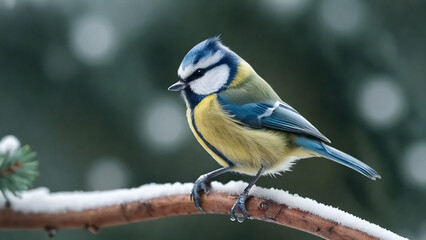 Obraz premium Titmouse bird perched on a frost covered branch, wildlife photography theme