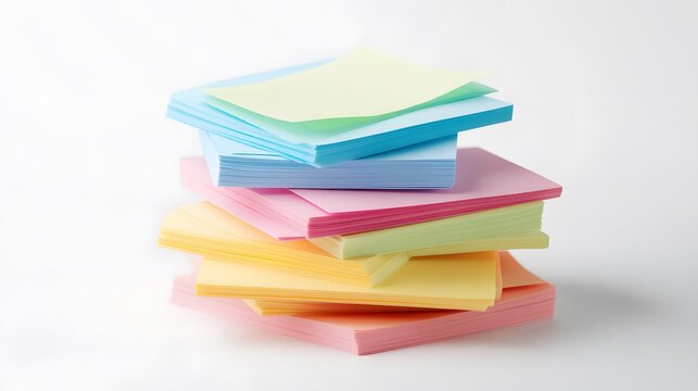 Stack of colorful sticky notes on pure white background, vibrant pastel colors, pink, blue, yellow, orange, green, neatly arranged, slightly askew pile, office supplies, stationery.