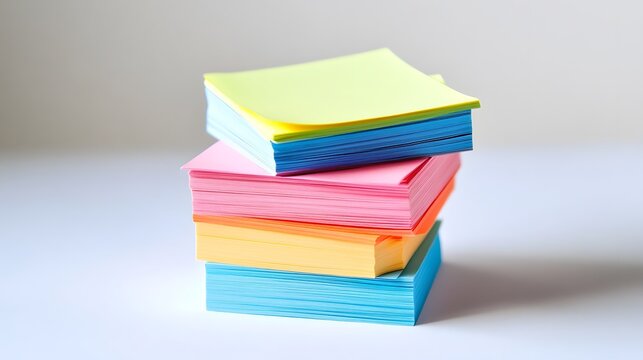 Stack of colorful sticky notes on pure white background, vibrant pastel colors, pink, blue, yellow, orange, green, neatly arranged, slightly askew pile, office supplies, stationery.