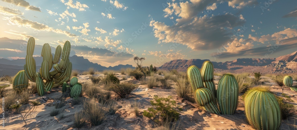Poster cacti cluster in a canyon with a picturesque sky copy space image