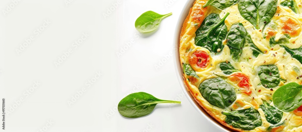 Poster delicious spinach frittata with copy space image set against a white backdrop