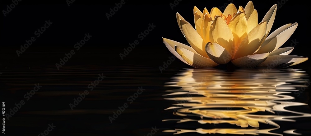 Fototapete yellow lotus in bloom on a black background with a water reflection in the copy space image