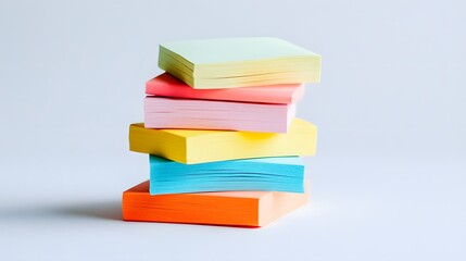 Stack of colorful sticky notes on pure white background, vibrant pastel colors, pink, blue, yellow, orange, green, neatly arranged, slightly askew pile, office supplies, stationery.