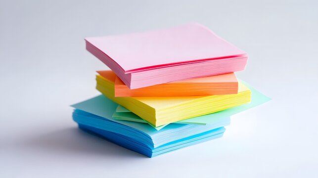 Stack of colorful sticky notes on pure white background, vibrant pastel colors, pink, blue, yellow, orange, green, neatly arranged, slightly askew pile, office supplies, stationery.