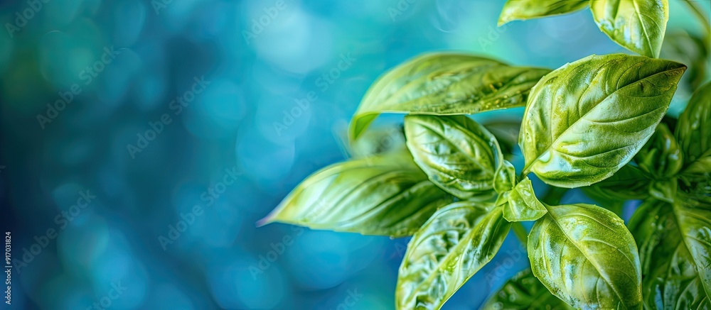 Poster close up of a green basil leaf against a blue backdrop creates a beautiful copy space image