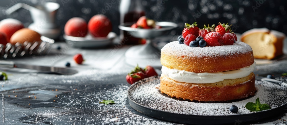 Poster delicious homemade sponge cake made with cream flour sugar eggs and yeast showcased in a photo with 