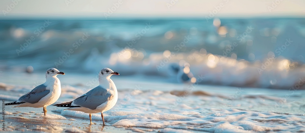 Poster seagulls on the beach with copy space image