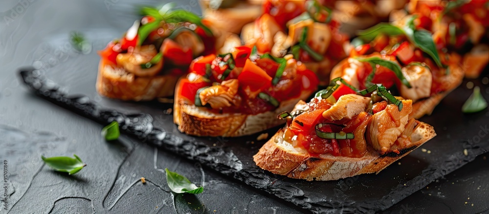 Poster Close up view of delicious chicken bruschetta on a slate plate with ample copy space image