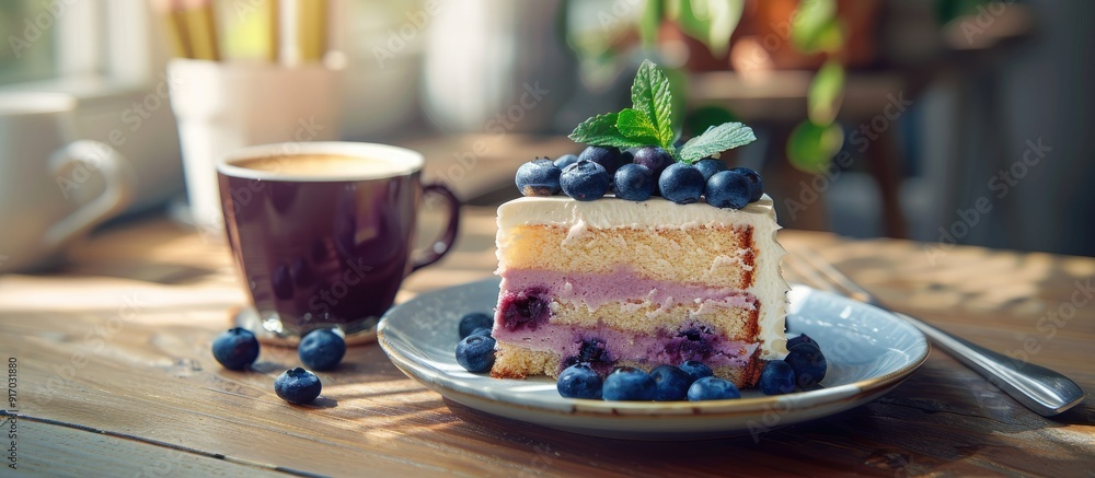 Poster Homemade blueberry butter cake on a plate with a latte in the background on a wooden table with copy space image