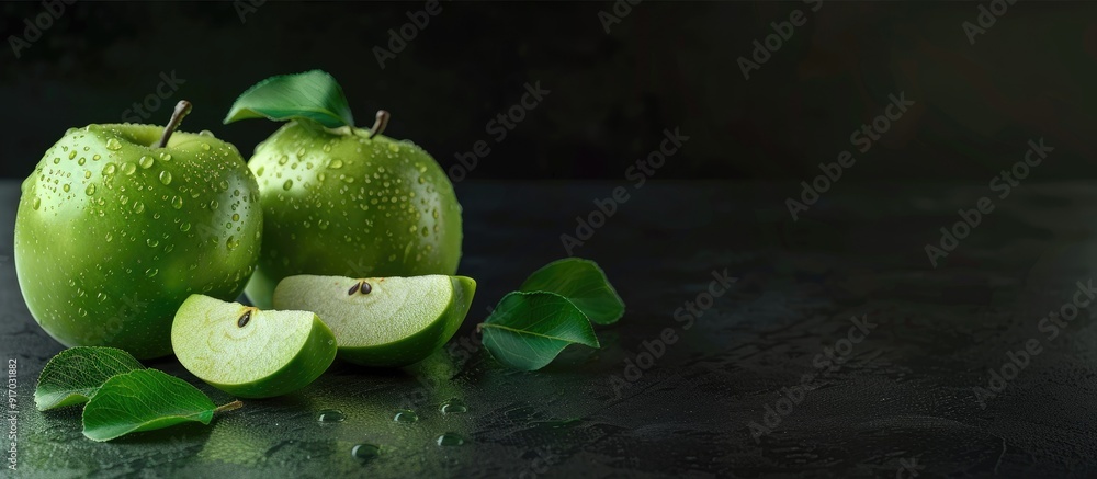 Poster Green apples fresh and enticing presented in a side view with a whole apple and a slice displayed on a black backdrop in this appealing copy space image