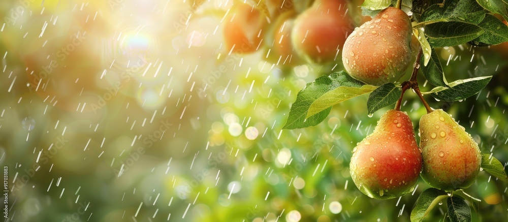 Poster ripe pears on green tree branches with a rainy summer day background in the copy space image