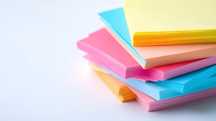 Stack of colorful sticky notes on pure white background, vibrant pastel colors, pink, blue, yellow, orange, green, neatly arranged, slightly askew pile, office supplies, stationery.