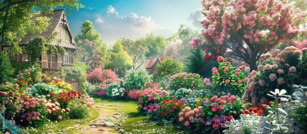 Poster the village garden bloomed with flowers in the summertime creating a picturesque scene with abundant