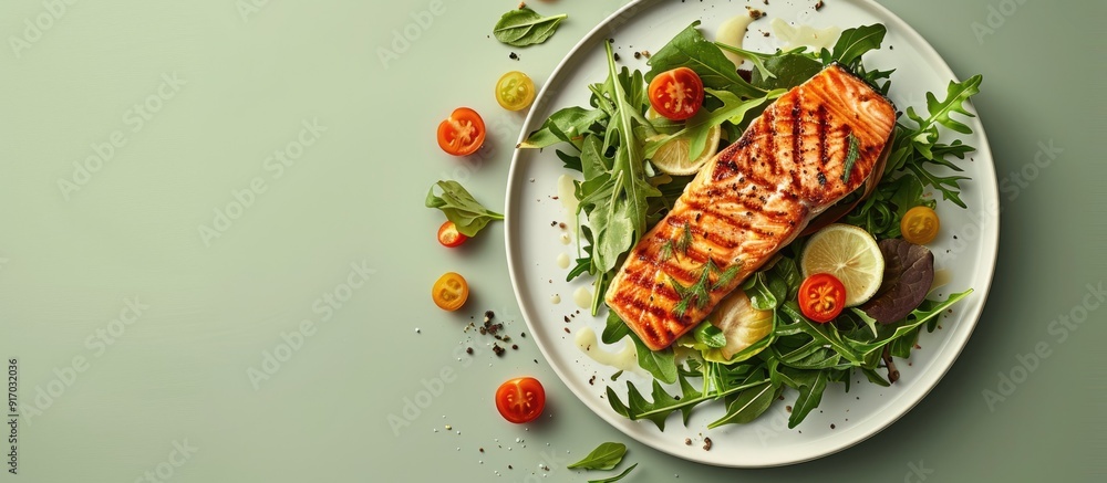 Poster a plate features a salmon steak surrounded by fresh vegetable salad leaving room for a background or