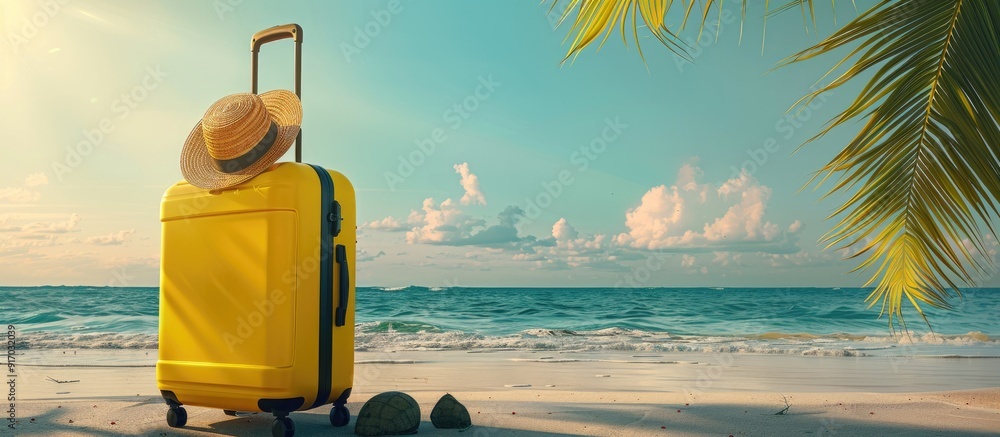 Poster summer vacation vibes with a yellow suitcase on a tropical beach accompanied by a straw hat creating