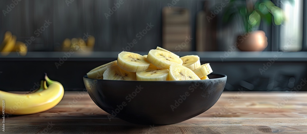 Poster bowl with freshly sliced bananas with copy space image