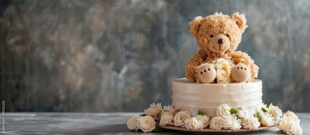 Poster adorable teddy bear decoration for cakes creating a delightful touch with copy space image