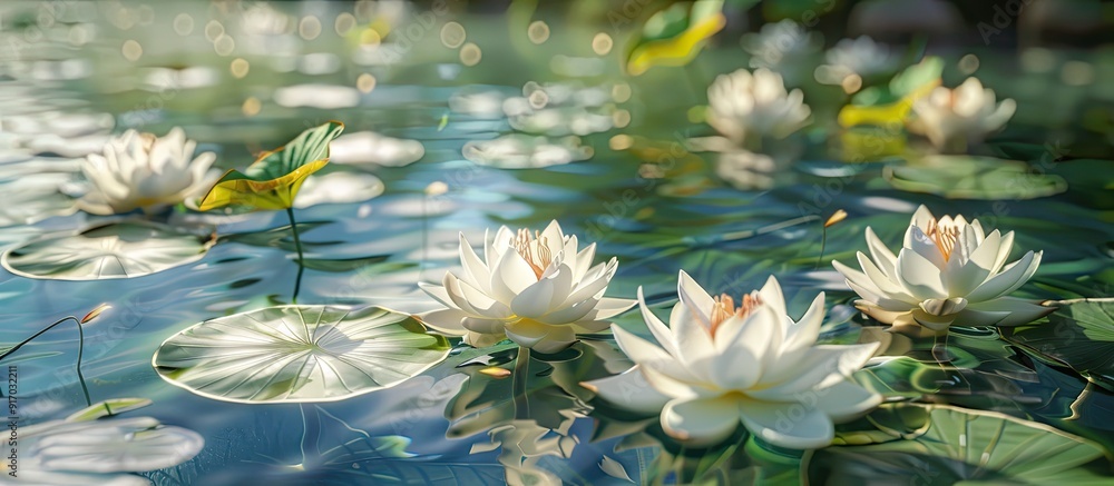 Poster white lotuses blooming in a serene pond with copy space image