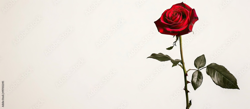 Poster vibrant red rose set against a white backdrop with copy space image