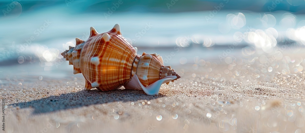 Poster Selective focus creates a blurred background emphasizing a conch shell on the sandy beach in the center of the copy space image