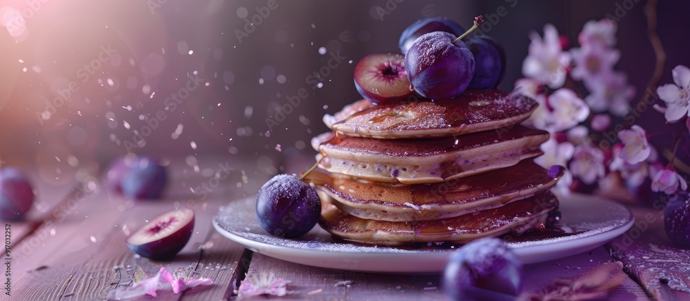 Aufkleber A table with pancakes topped with plum creating an enticing display in the copy space image