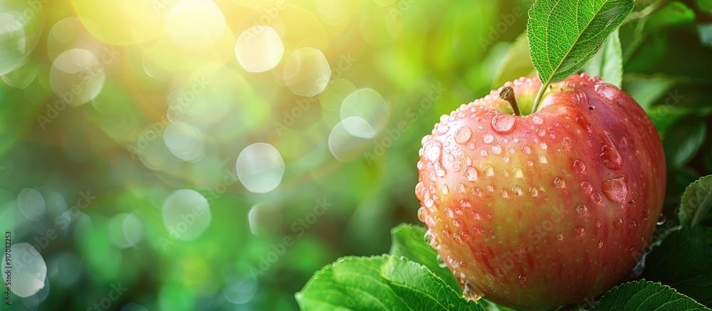 Poster Fresh apple with a water drop on its skin set against a lush green natural backdrop a concept representing a background with a copy space image